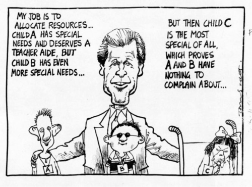 1995 Tom Scott Cartoon featuring Minister of Education Lockwood Smith and three children - his speech bubble reads My job is to allocate resources - Child A has special needs and deserves a teacher aide, but Child B has even more special needs, but then Child C is the most special of all, which proves A and B have nothing to complain about...